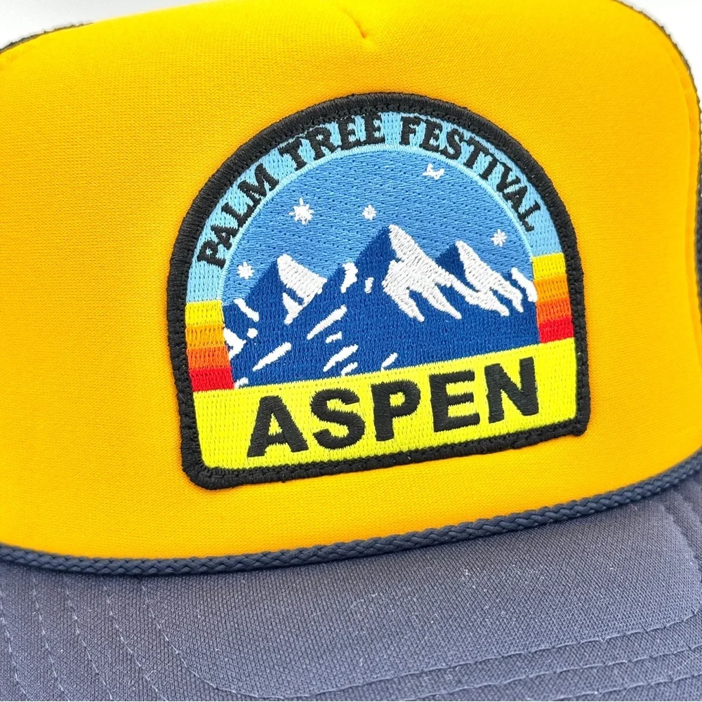 NWT Aviator Nation Aspen Palm Tree Festival Trucker Hat Gold / Navy Blue, Unisex